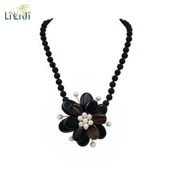 

Lii Ji Natural Stone Onyx,Freshwater Pearl Handmade Flower Necklace Women Jewelry Approx 50cm