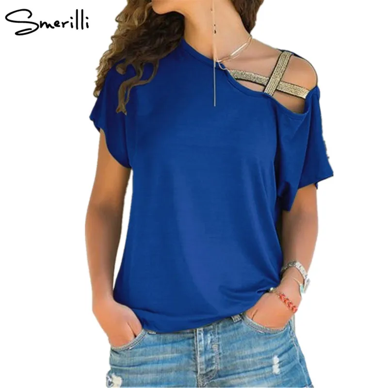 One Shoulder Sequin T-Shirt Women Skew Neck Tee Short Sleeve T Shirt 2018 Summer Casual Streetwear Ladies Tops Tshirts Plus Size Tops