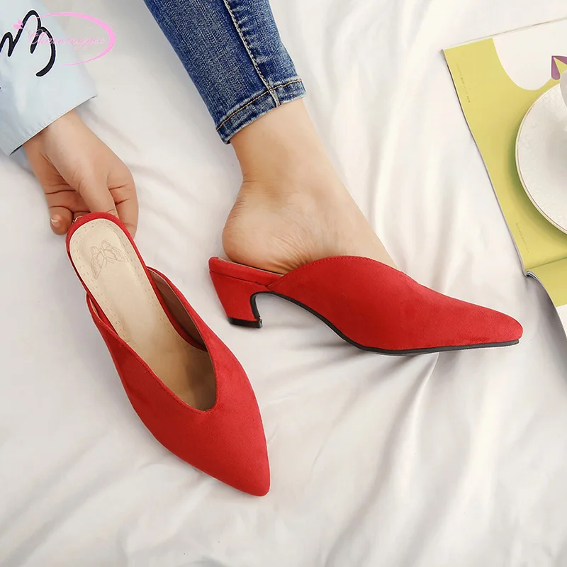 

European casual style sexy pointed toe flock summer slippers fashion slip-on black red thick medium with women's shoes big size