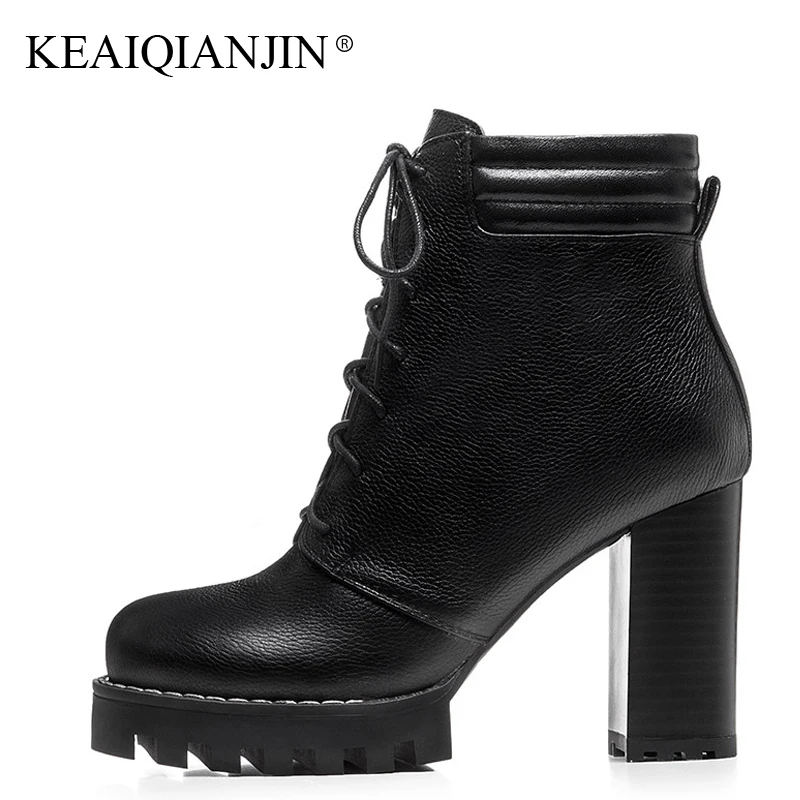 Kopen KEAIQIANJIN vrouwen Echt Lederen Gothic Schoenen Winter Hoge Hakken Enkellaars Zwart Lace Up Lederen Vrouw Gothic Schoenen