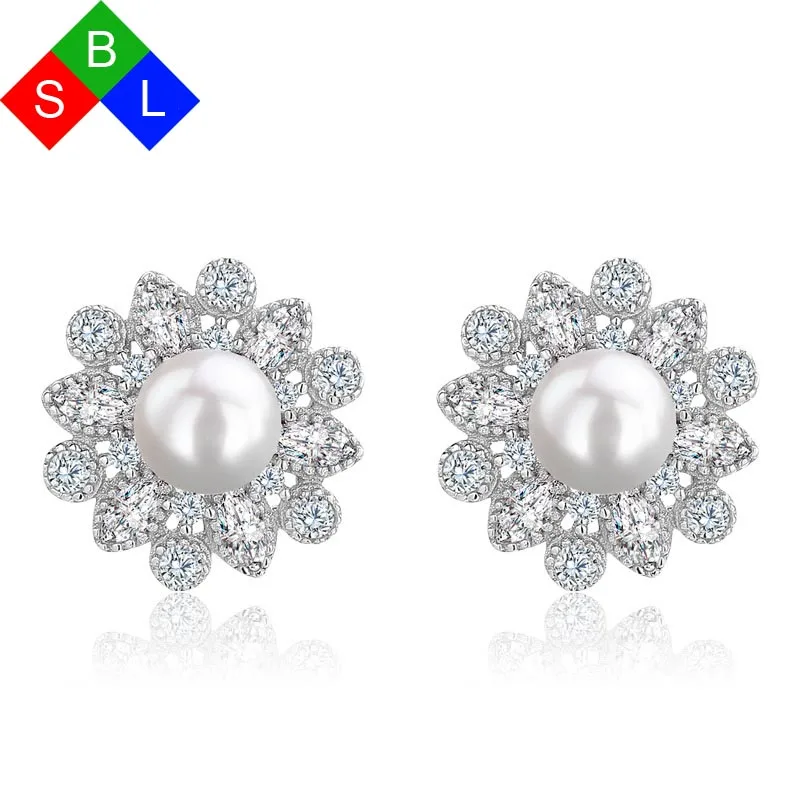 

Red Trees Brand 925 Sterling Silver Fine Jewelry Real Freshwater Pearl Stud Earrings With Cubic Zirconia 2017 New Arrival