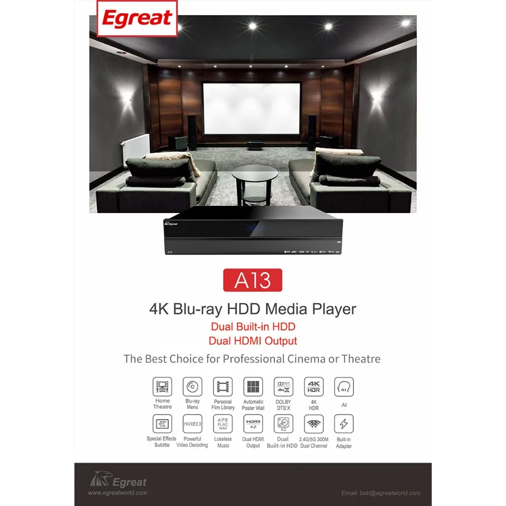 Egreat A13 4K UHD Blu-Ray HDD медиаплеер, двойной Встроенный HDD, двойной HDMI выход Android tv Box лучший выбор для кино или театра