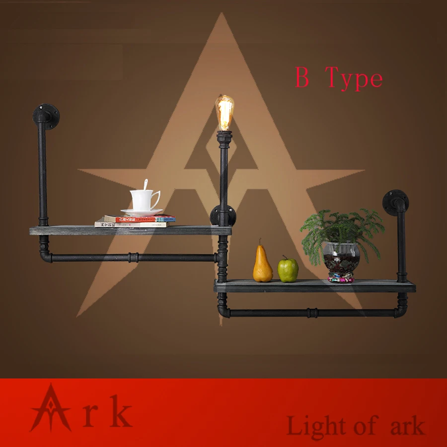 

ark light Industry Loft RH Creative Retro Bookshelf Wall Lamps Water Pipe with Wood Shelf for Cafe Restaurant Decoration-B TYPE