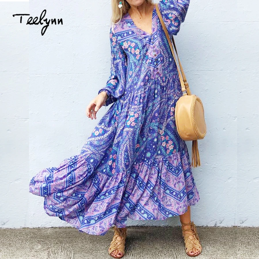 

TEELYNN blue floral print dresses 2018 autumn rayon boho dress V-neck puff long sleeve dress loose Hippie women dresses vestido