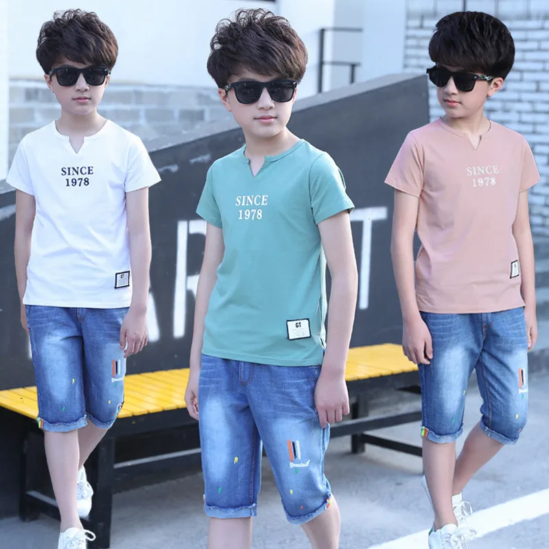 

2019 Summer T Shirt + Shorts Boy Suits Kid Clothes Teenager Baby Set Children Clothing Sets Jeans Boys Clothes Toddler Tracksuit