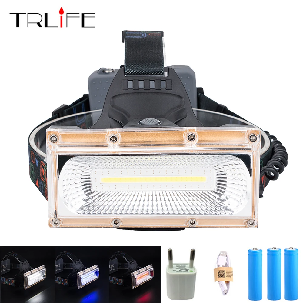 

USB Power COB LED Headlight Headlamp USB Rechargeable Head Lamp Torch 18650 Battery Waterproof 3-Mode Hunting Fishing Lighting