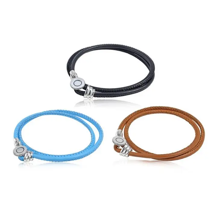 

925 Sterling Silver Bracelets With Brand Logo Fits European Beads Charm Black Leather Bangles for Women Jewelry DIY Making