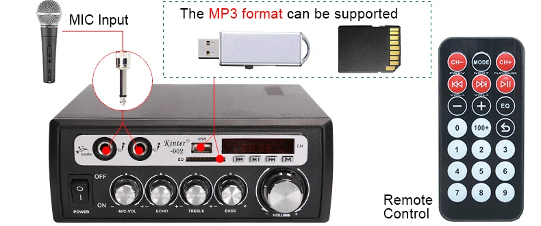 Kinter-002 Мощность Усилитель Аудио 2 канала hi-fi-стереозвук с USB SD fm-радио светодиодный цифровой дисплей питания Мощность AC 220 V DC12V