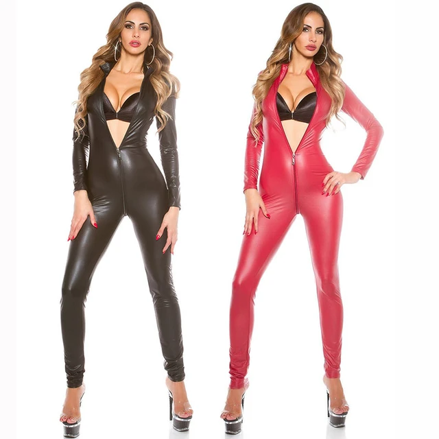 Latex Catsuit Faux Leather Women Jumpsuits Black wetlook PVC Bodysuit Sexy  Bodycon Erotic Open Crotch Costume clubwear - AliExpress