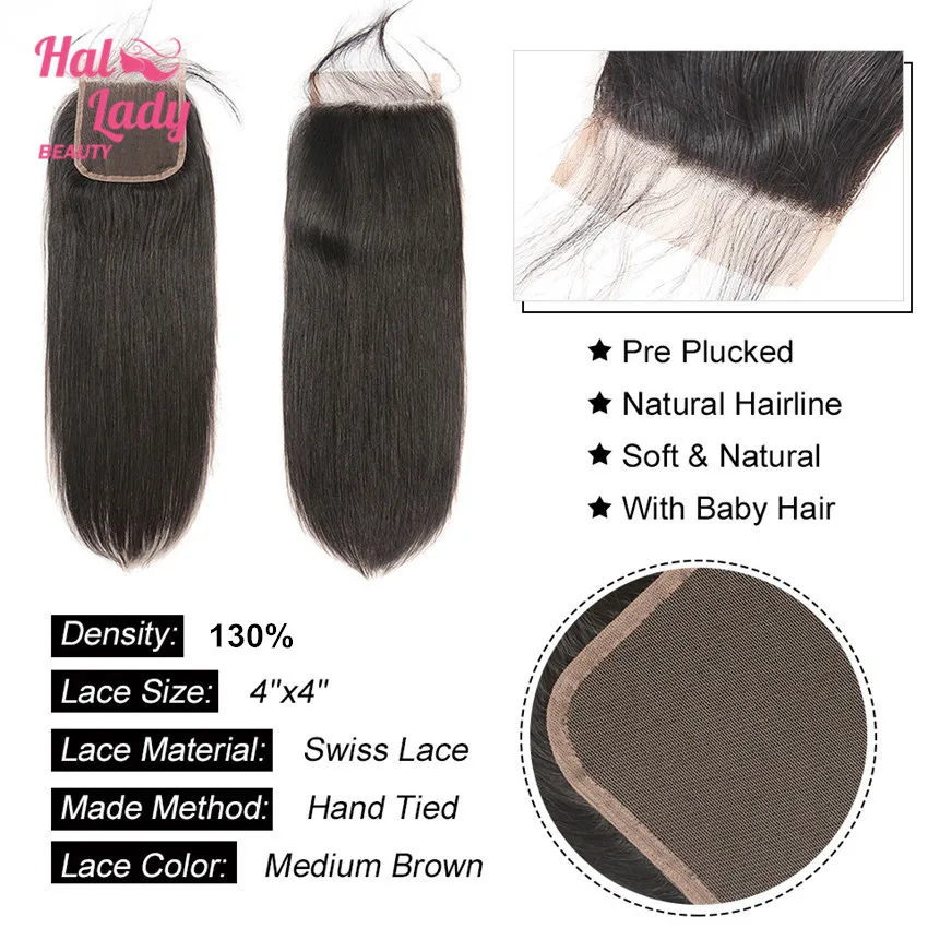 4X4 Brazilian Human Hair Straight Closure PrePlucked Middle Free Part Lace Closure with Baby Hair Non-Remy
