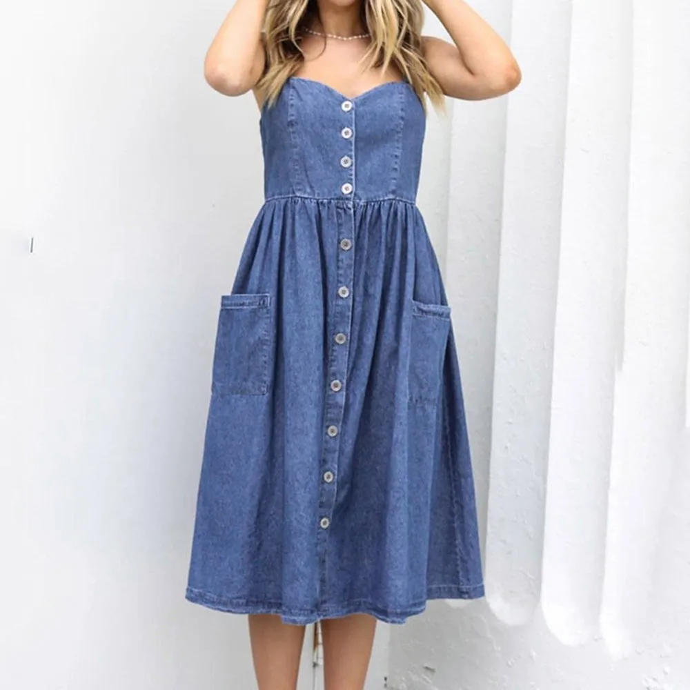 FeiTong Casual denim dress women Straps backless fit and flare summer