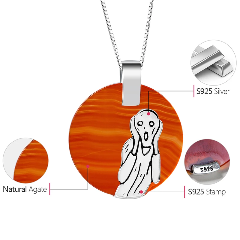 Lotus Fun 925 Sterling Silver Natural Agate Handmade Fine Jewelry The Scream Painting Pendant without Necklace for Women