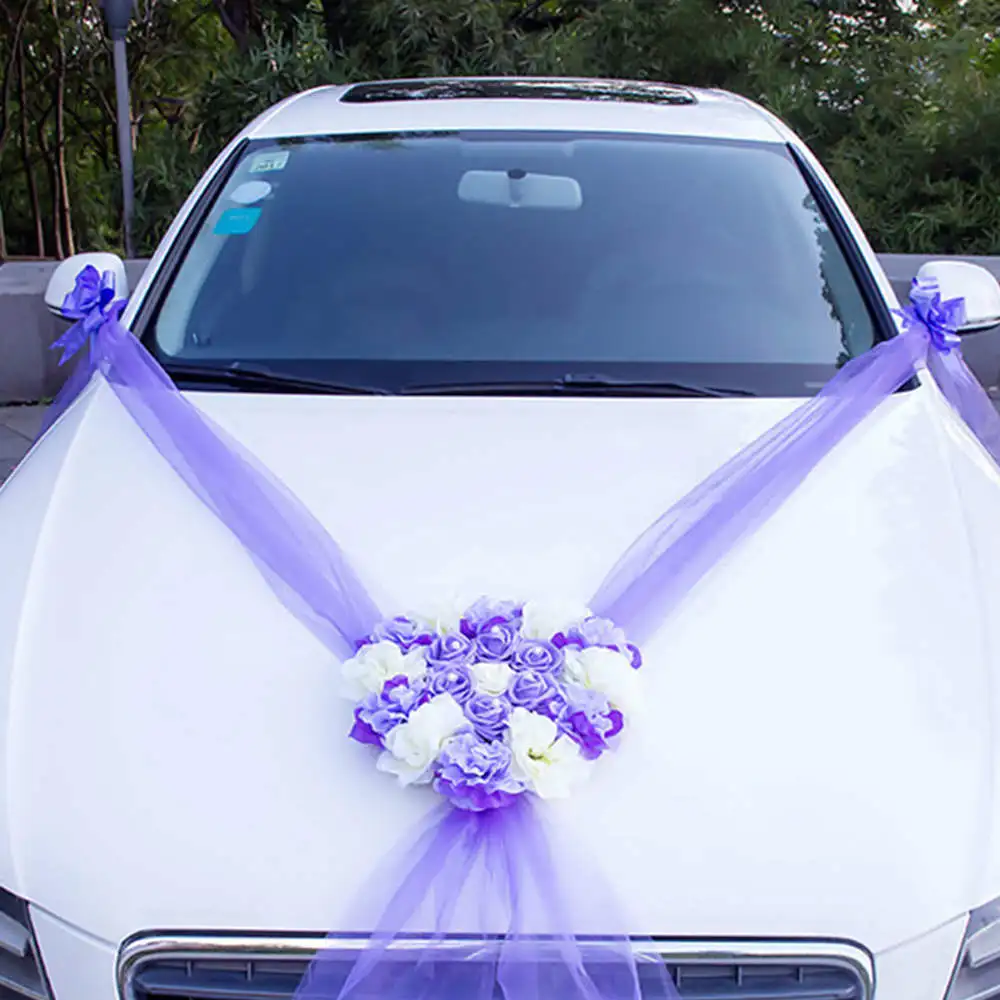 Свадебный набор для украшения автомобиля, искусственный шелк, цветок, лента, луки, сделай сам, свадебные принадлежности - Цвет: Фиолетовый