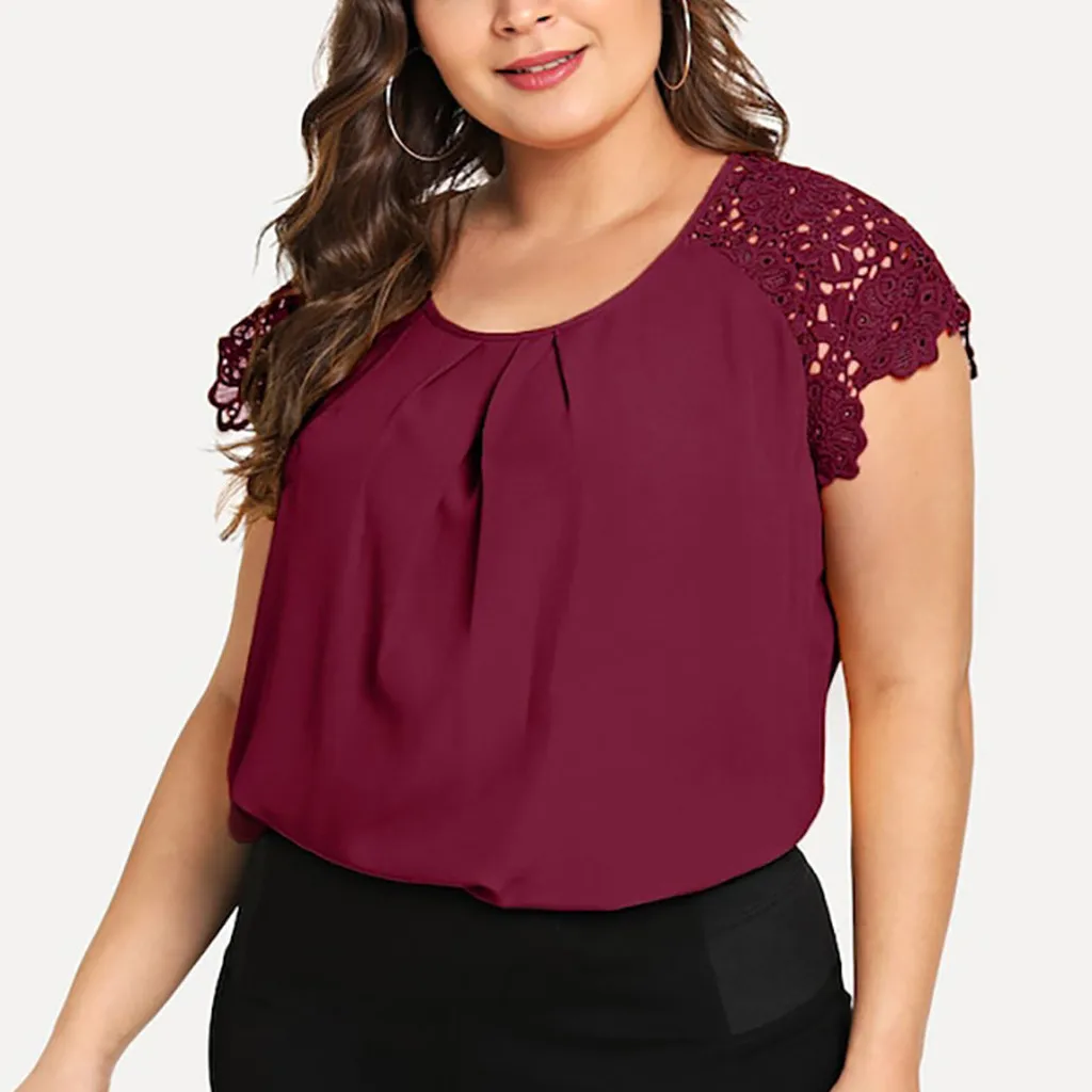 

Fashion Womens Plus Size Solid O-Neck Floral Lace Shoulder T-shirt Tops Blouse