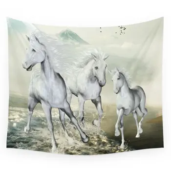 

White Horses On The Beach Wall Tapestry Wedding Party Gift Bedspread Beach Towel Yoga Picnic Mat