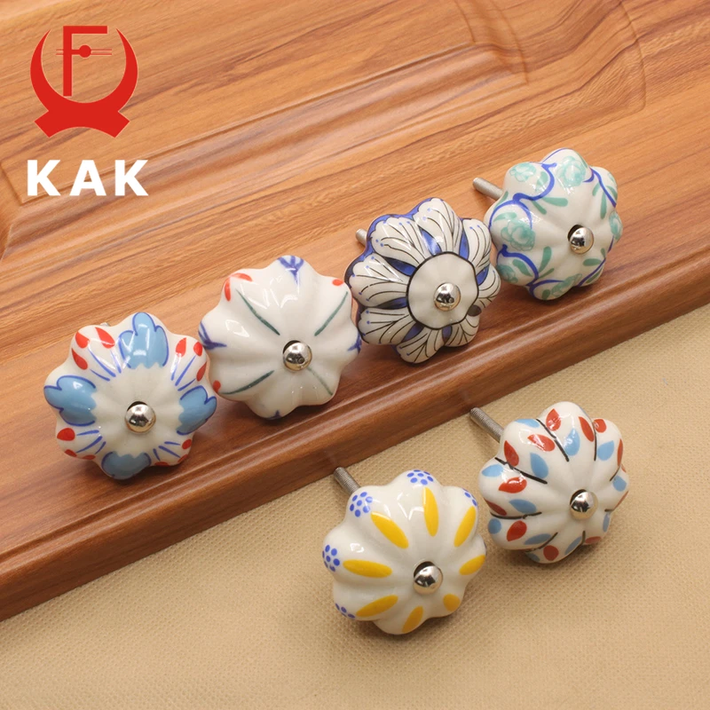 KAK 40mm Hand-painted Ceramic Drawer Knobs Porcelain Rural Cabinet Knob Cupboard Handles Mediterranean Furniture Handle Hardware