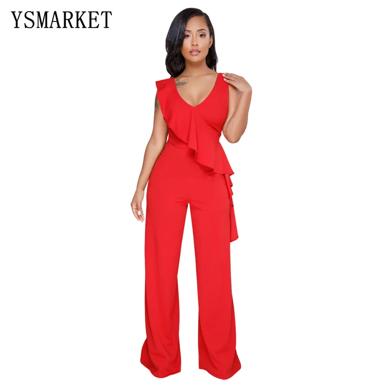 Sexy Night Club Jumpsuit Mujer Sexy Sleeveless Oblique Ruffle Trim Wide
