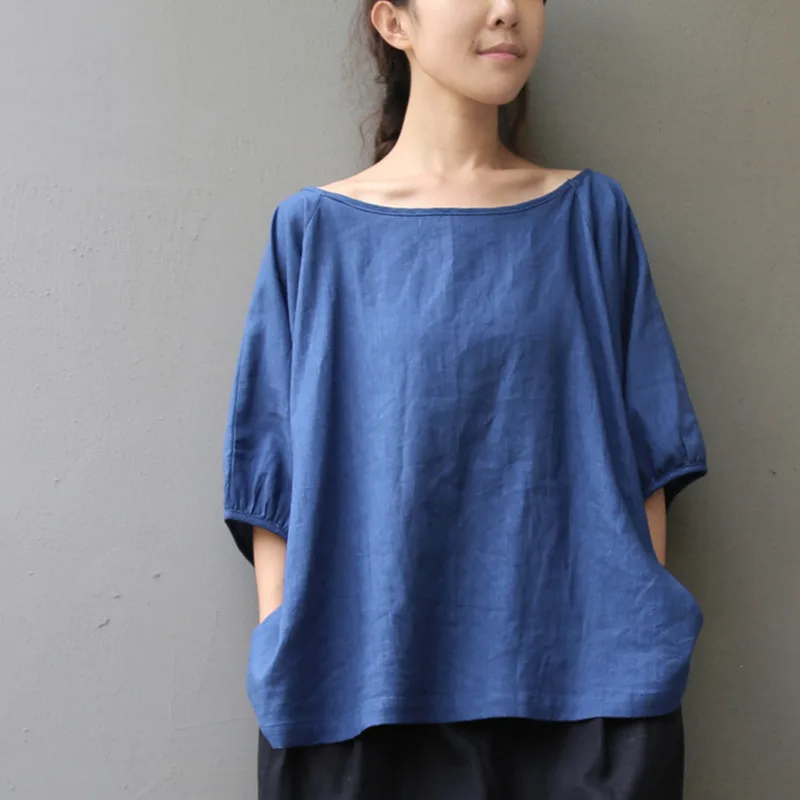 

Johnature 2019 Spring Women Solid Color Linen Lantern Sleeve T-shirts Vintage Casual Loose O-Neck Half Sleeve Pullovers Tops
