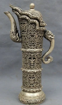 

decoration bronze factory outlets Tibet Silver 15" Tibet Silver Buddhist Flower Dragon Head Statue 8 Auspicious Symbol Wine Pot