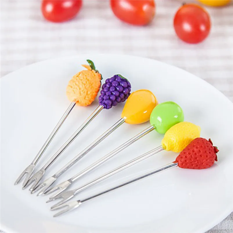 6Pcs Kitchen Forks creative fruit sign stainless steel fruit Fork Tableware cute child Fruit Forks new arrival #3n05#F (11)
