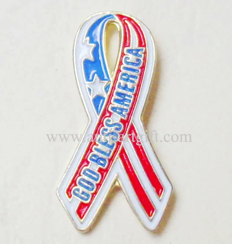 

Custom USA hade made colorful Ribbon badge COD BLESS AMERICA cut out pins Die struck flag style club of EXW price MOQ 1 PC