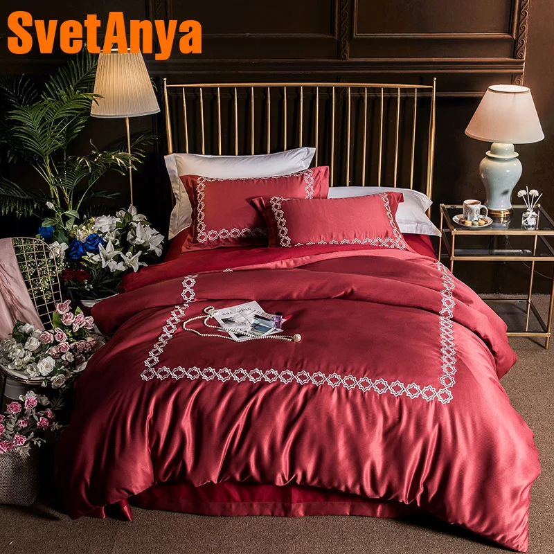 

Svetanya Embroidered Bedding sets Queen King size Sheet Pillowcases Quilt Cover set Silk Polyester Cotton Fabric Wedding Red