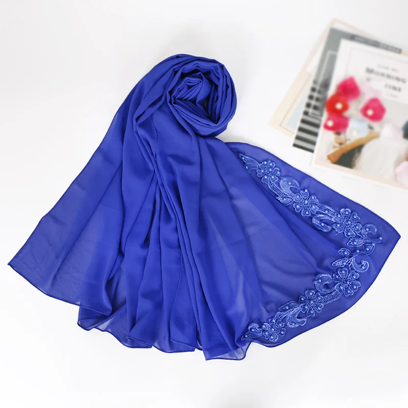 Высокое качество, Женский мусульманский шифоновый шарф, кружевной Цветочный малазийский хиджаб, платок, простые бусины, летний длинный платок, головной платок, 10 шт./лот