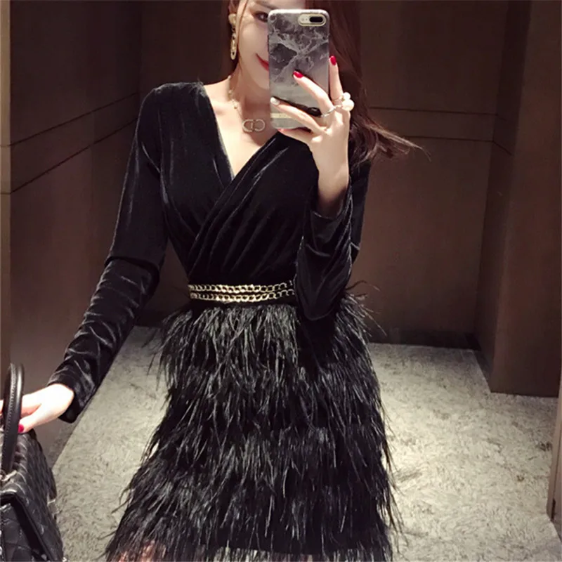 

2018 NEW sexy cross V neck jinsirong skinny tassel feather dress retro elegance velvet skiny party dress
