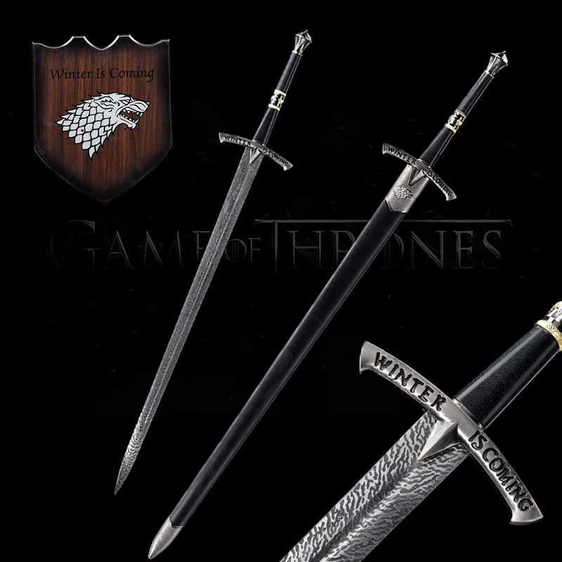 For Game of Thrones Sword Ice Swords Replica Real Stainless Steel With Wall Hanging Stand/Black Wooden Sheath-48Inch