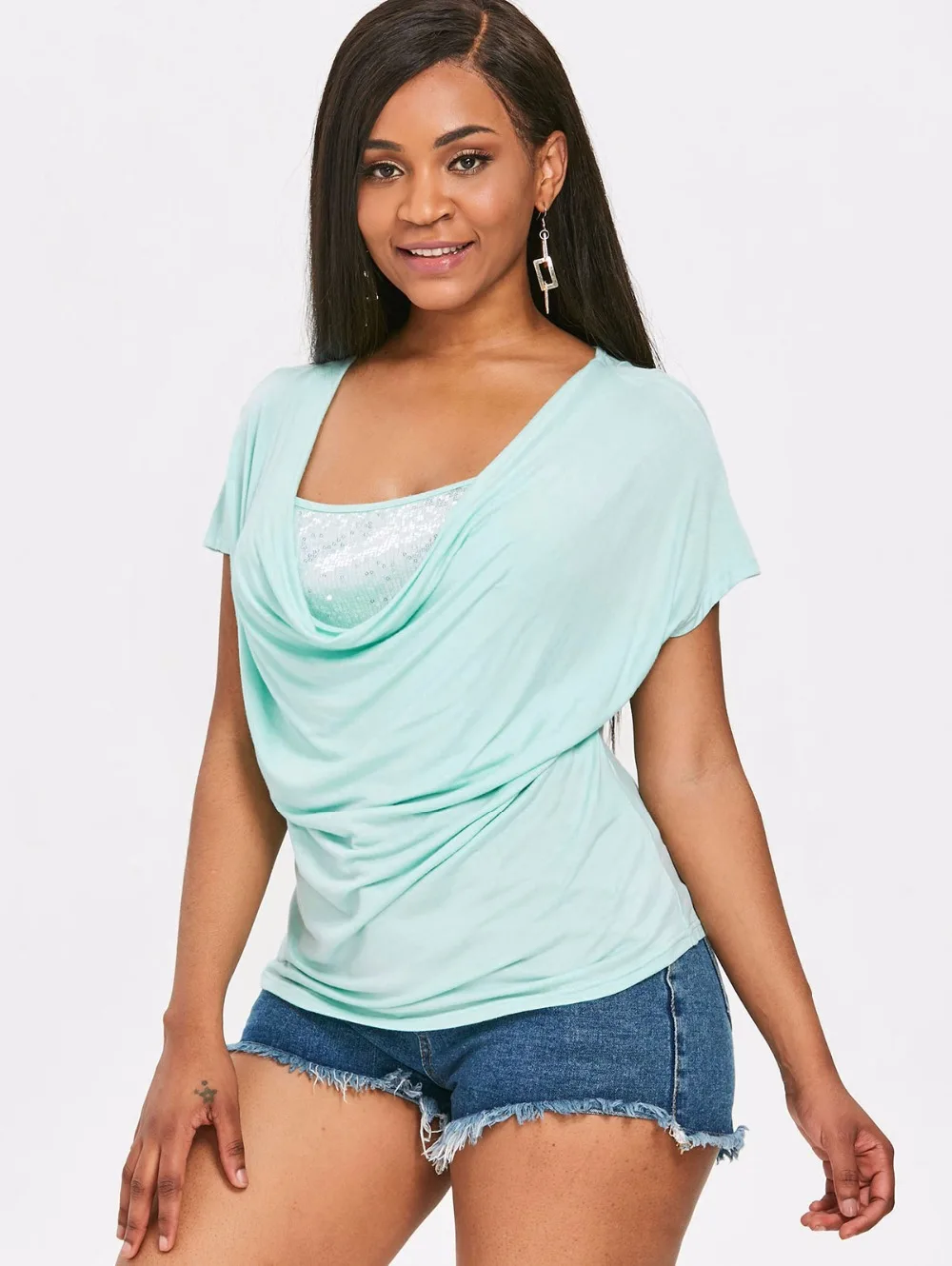 VESTLINDA Ruched Sequined Short Sleeve T-Shirt Women T Shirt Summer Casual Cowl Neck Solid Color Top Fashion Women Clothing Tees 9