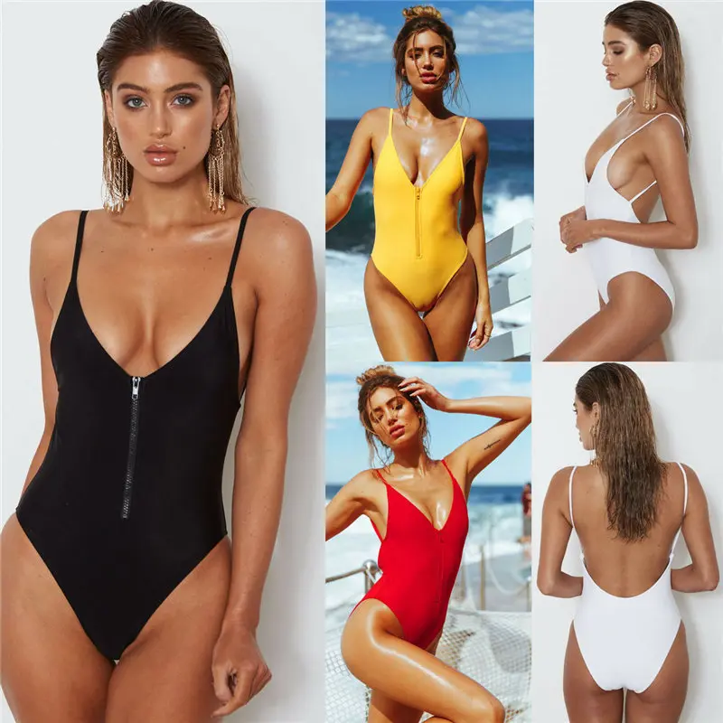 

2019 Sexy Women Monokini Zipper Swimsuit One Piece Swimwear Backless Bathing Suit Push Up Padded Beachwear Swimming Costume