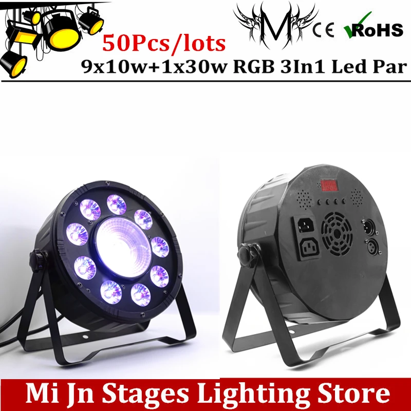 Wholesale 50pcs/lots 9x10W +1x30w Flat LED Par Lights RGB 3IN1 PAR DMX512 control disco lights professional stage DJ equipment | Лампы и