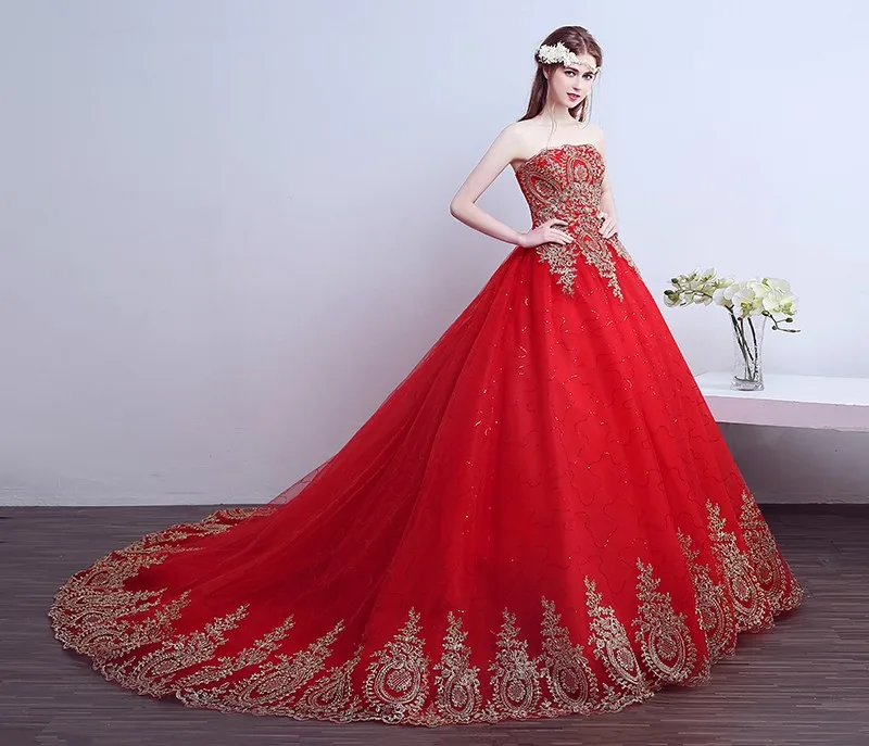 Горячая изготовленное на заказ свадебное платье платье без бретелек со шлейфом красное модное свадебное платье Дешевые Свадебное платье невесты