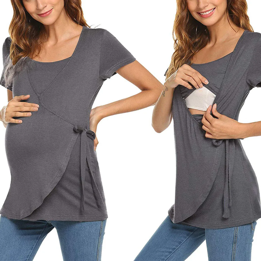 LONSANT Maternity Solid layered lacing Nursing Breastfeeding Blouse Women Pregnant Tops Maternity summer short sleeve T-Shirt