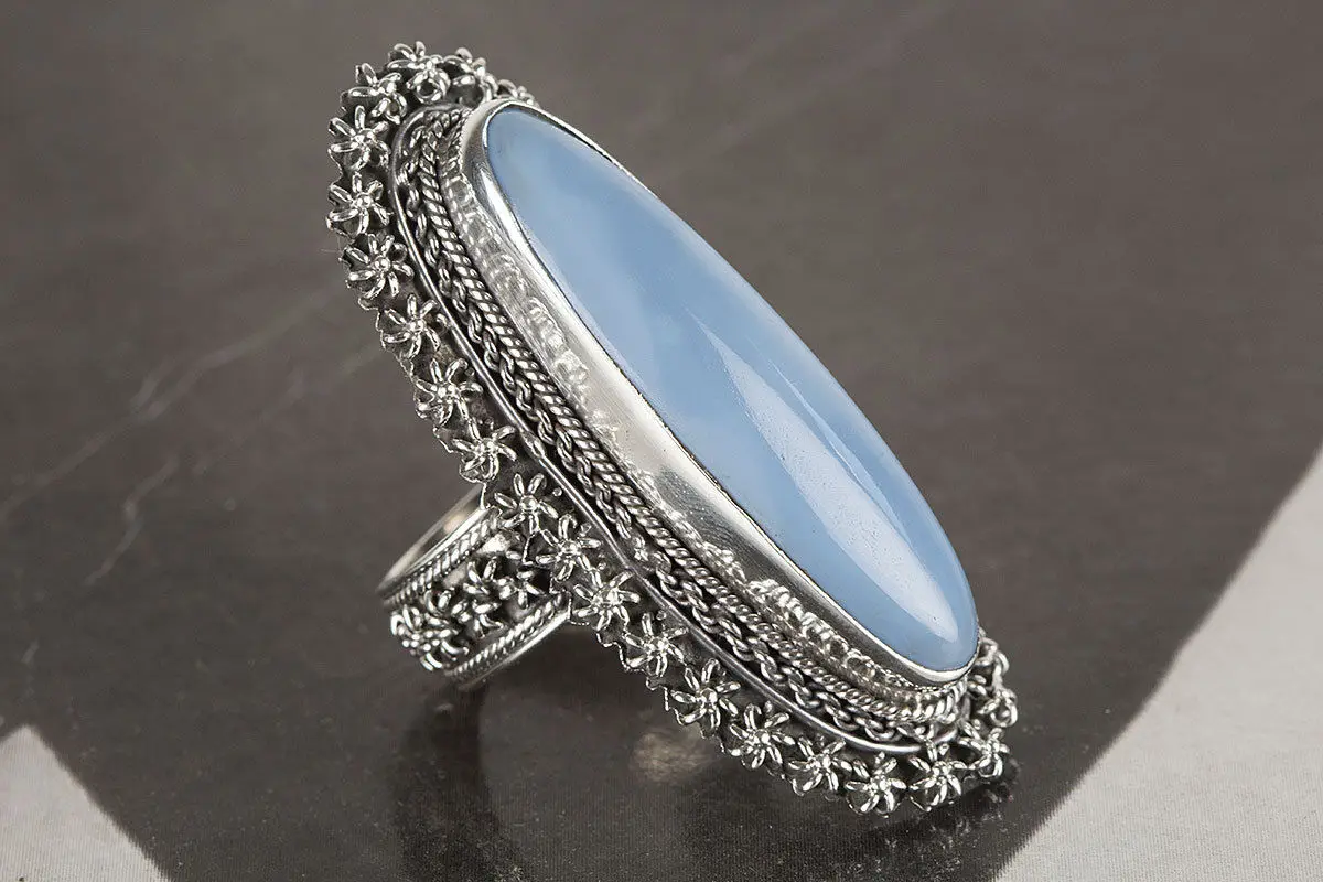 Blue Chalcedony Ring 925 Sterling Statement Long Gypsy Style | Украшения и аксессуары