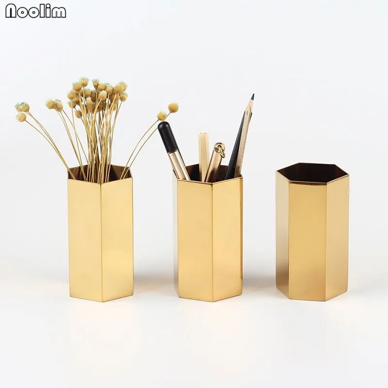 

NOOLIM Hexagon Pencil Holder Stainless Steel Hexagonal Flower Machine Golden Flower Vase Metal Storage Box Desktop Organizer