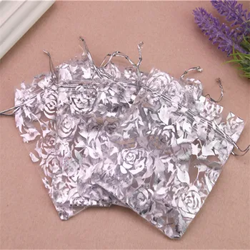 

2016 Hot Sale Wholesale 100pcs/lot 7*9cm White Bronzing Rose Wedding Gift Packaging Christmas Organza Bags