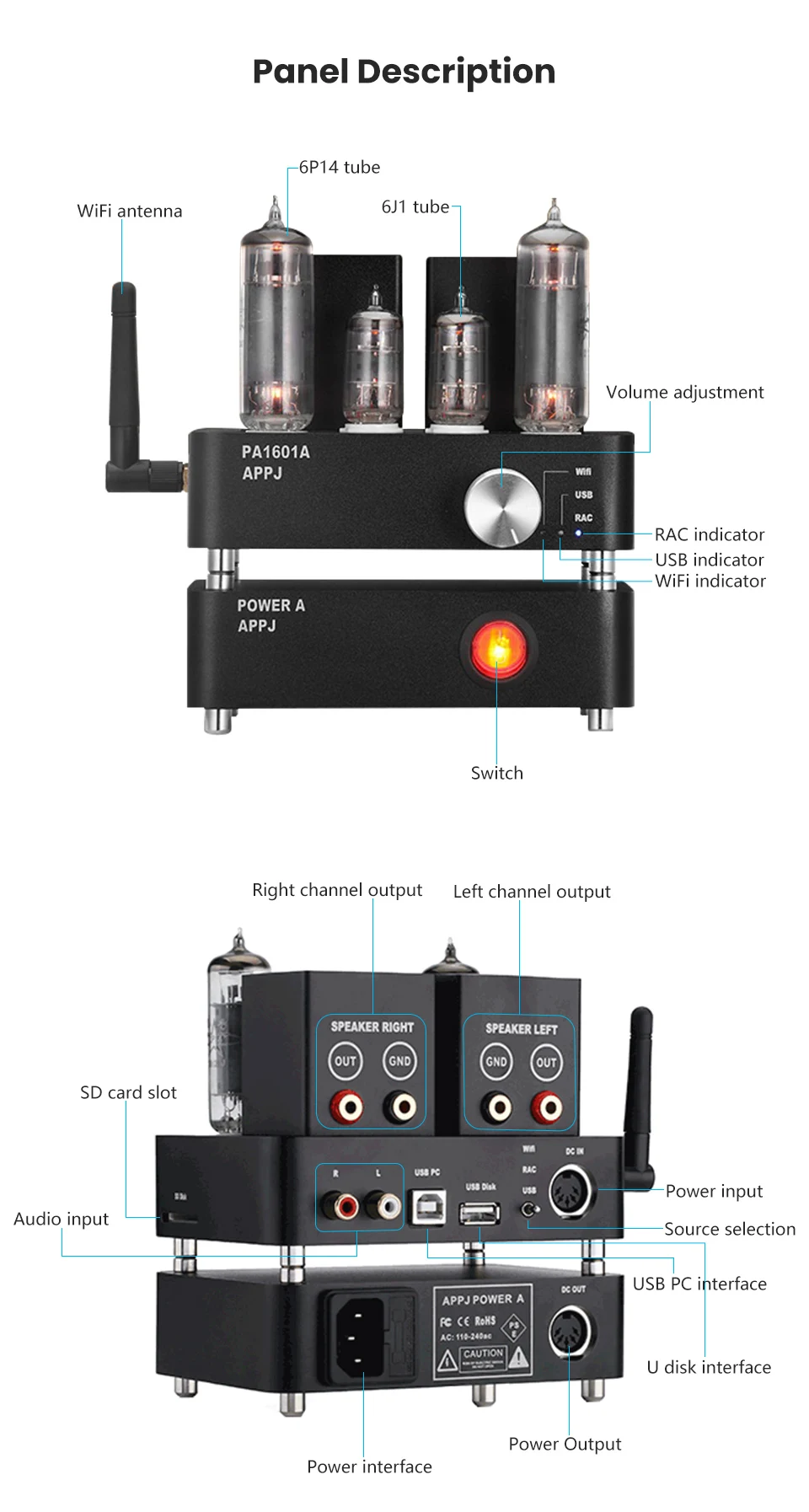 AIYIMA Мини ламповый усилитель PA1601A 6J1+ 6P14 вакуумные ламповые усилители WiFi SD карта USB диск AUX без потерь Музыкальный плеер Усилитель