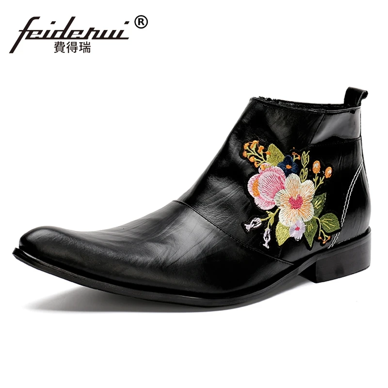 De Plus En Sl133 Qualité Véritable Homme Bascule Hommes Équitation Noir Chaussures Pointu La Broderie Cuir Bout Luxe Bottines Taille Haute À Main jARL354
