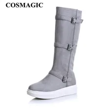 COSMAGIC новые зимние Для женщин Зимние сапоги до колен Модные рыцарские сапоги серый черный круглый носок на низком каблуке меховые ботинки с высоким голенищем