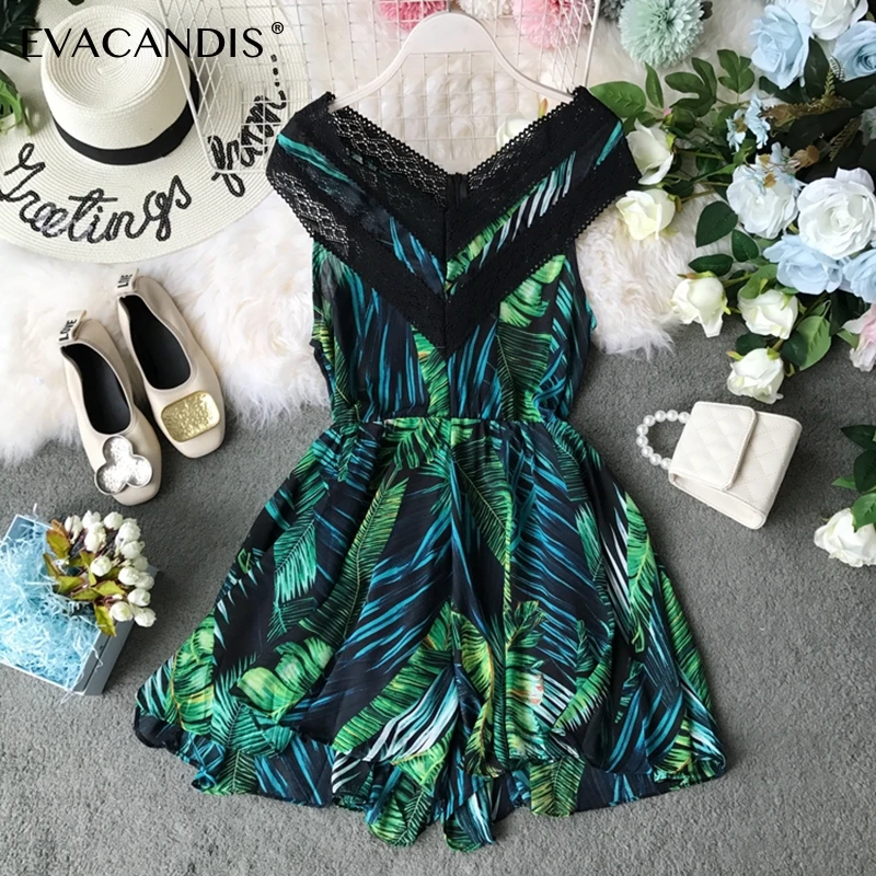 

Boho Lace Short Women Jumpsuit V Neck Tunic Floral Sexy Korean Backless Summer Beach Sleeveless Plus Size Women Jumpsuit Rompers