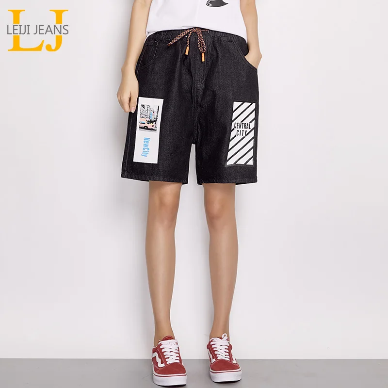 

LEIJIJEANS New Arrival Summer Plus Size Fashion Lady Car Printed Elastic Waist Above Knee Length Loose Denim Women Short