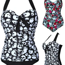 Tony, сексуальный женский слитный купальник, пуш-ап, череп/роза, череп, принт, холтер, открытая спина, пляжная одежда, высокая талия, купальник размера плюс, M~ 4XL