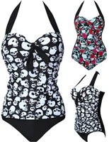 Tony, сексуальный женский слитный купальник, пуш-ап, череп/роза, череп, принт, холтер, открытая спина, пляжная одежда, высокая талия, купальник размера плюс, M ~ 4XL - изображение