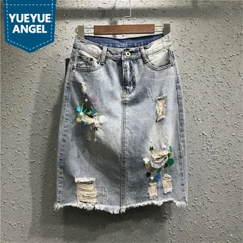 

Sequin Skirts Women Summer Korean Fashion Hole Ripped Straight Knee-Length Jeans Faldas Vintage Slim Fit Denim Skirt Woman