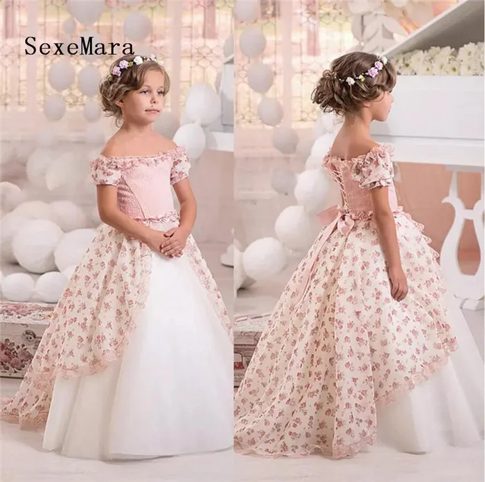Off Shoulder Print Vintage Bloem Meisjes Jurken Korte Mouwen Lace Meisjes Jurken Pageant Jurk Communie Kids Formele Slijtage