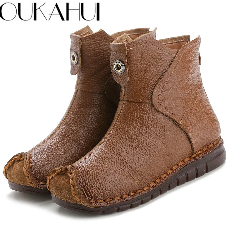 

OUKAHUI Spring Handmade Genuine Leather Ankle Boots For Women 2019 Round Toe Solid Simple Vintage Short Boots Women Shoes Zipper