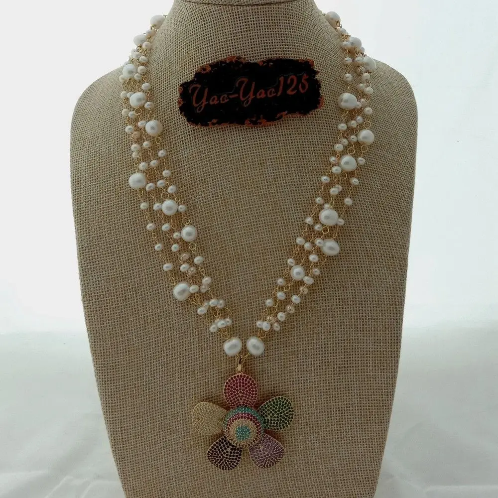 

Beautiful 24'' 4 Rows White Pearl Necklace CZ Pave Flower Pendant