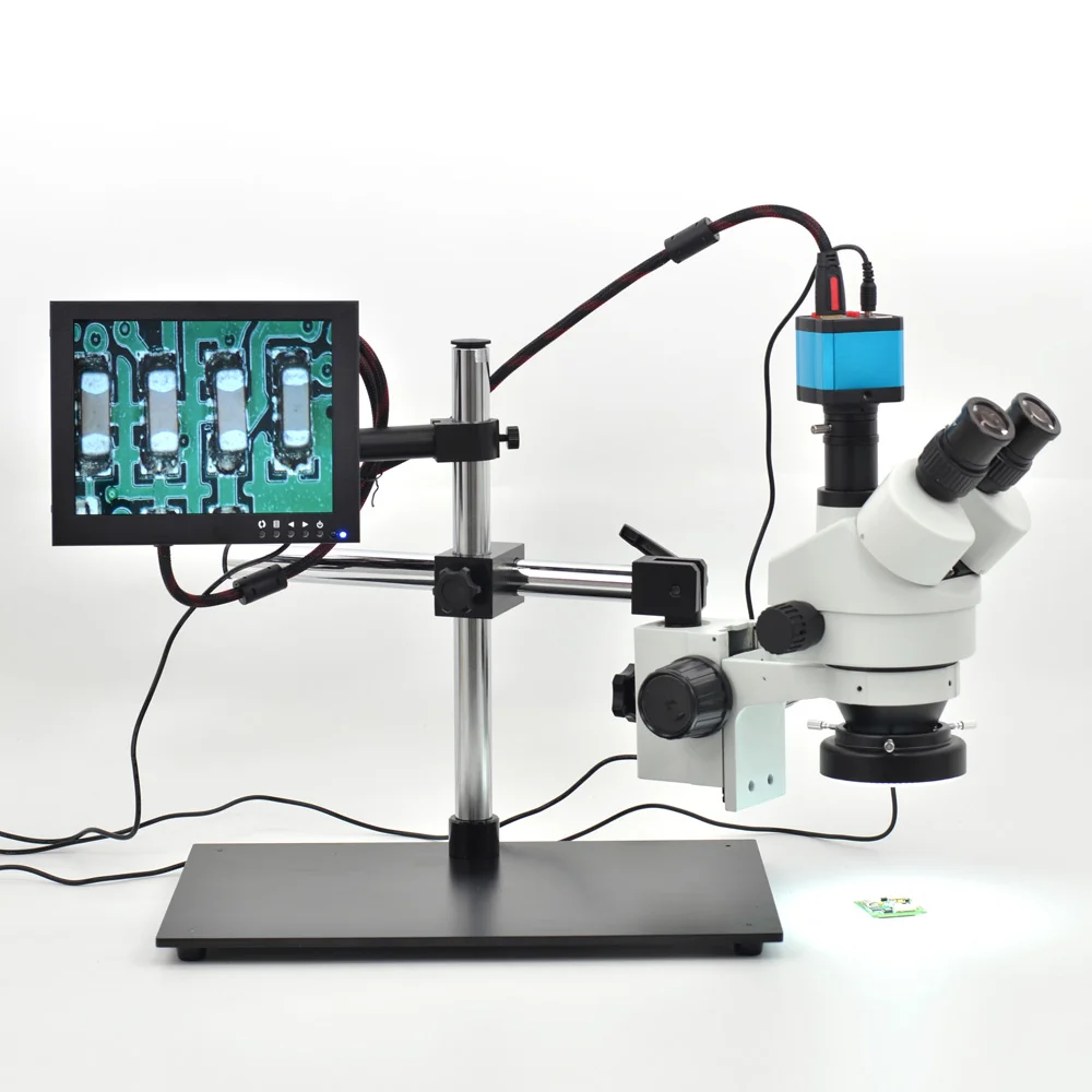 

7X-45X Table Pillar Stand Zoom Magnification Binocular Stereo Microscope Inspect PCB + 14MP Microscope Camera + 8'' LCD Monitor