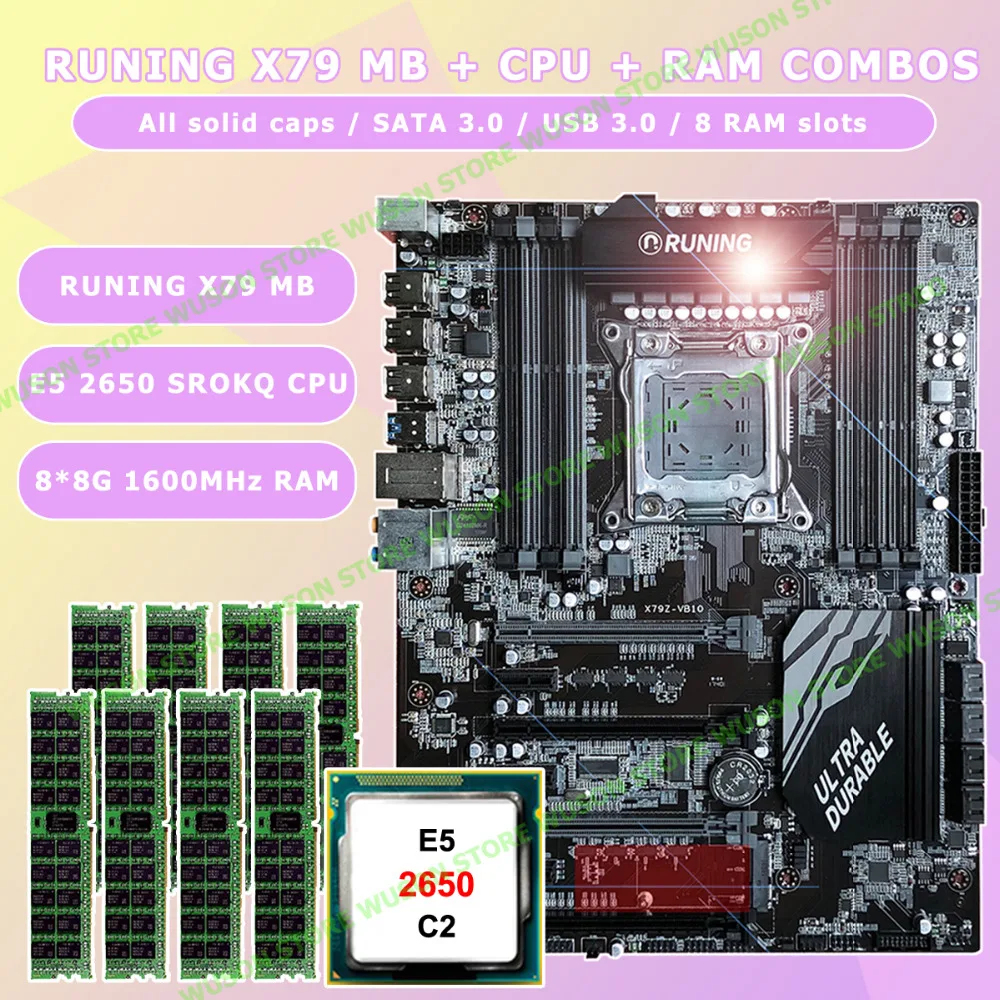 Best Price New!!Runing Super ATX X79 LGA2011 motherboard 8 DDR3 DIMM slots max 8*16G memory Xeon E5 2650 C2 CPU 64G(8*8G)1600MHz DDR3 RECC